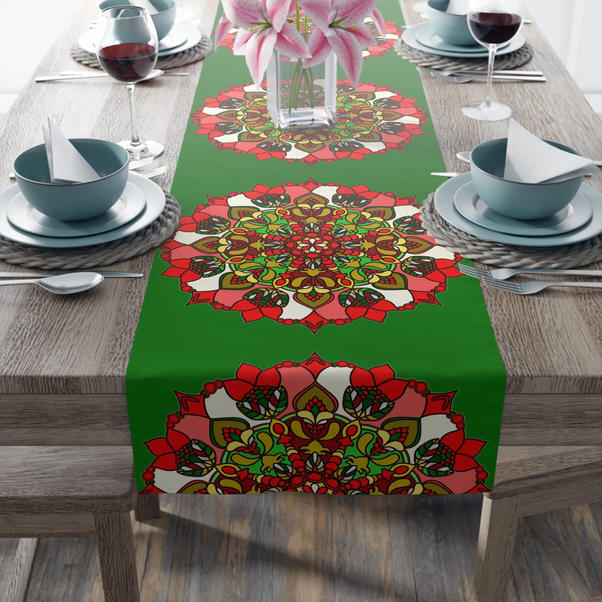 Hand Drawn Green Mandala Art Christmas Table Runner