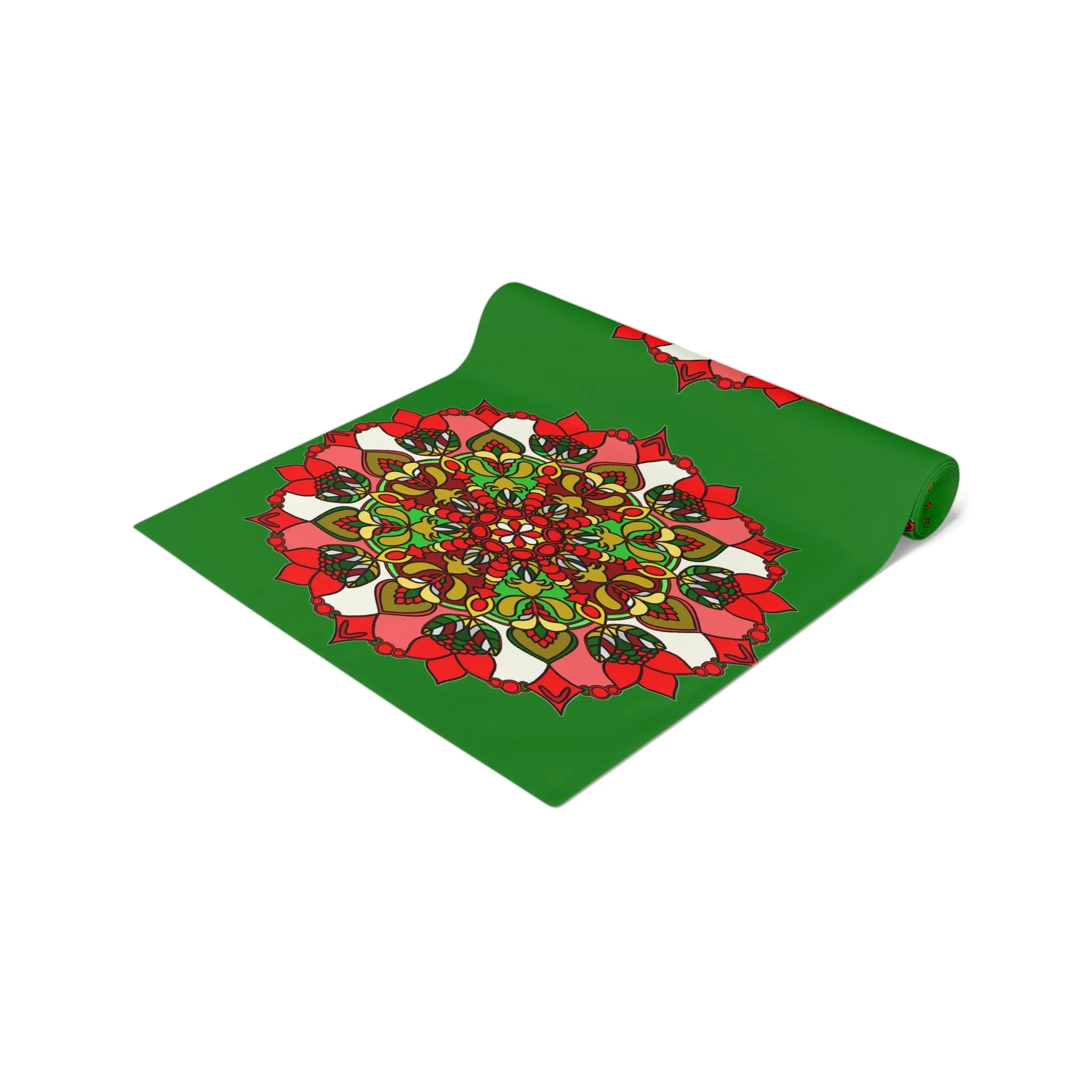 Hand Drawn Green Mandala Art Christmas Table Runner