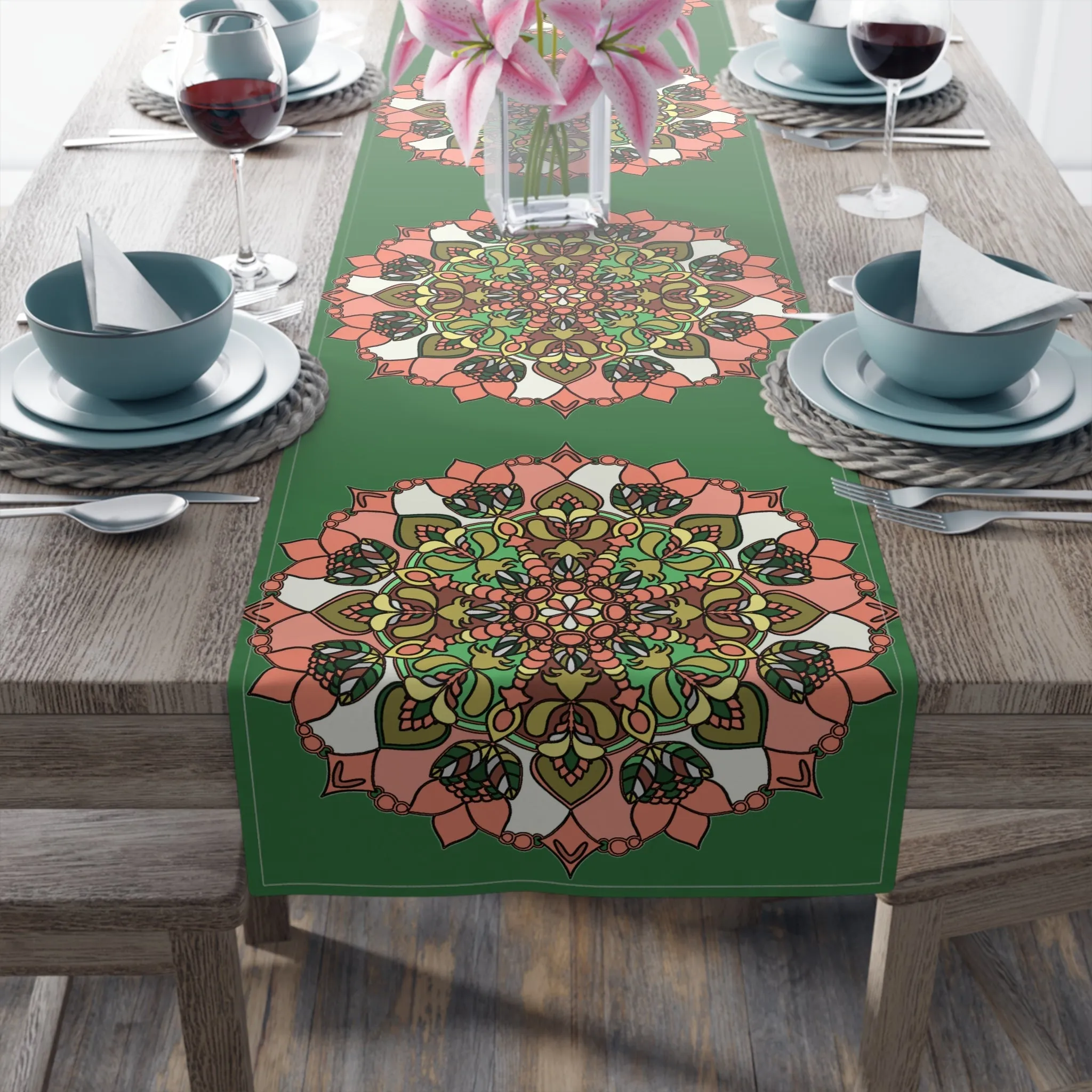 Hand Drawn Green Mandala Art Christmas Table Runner