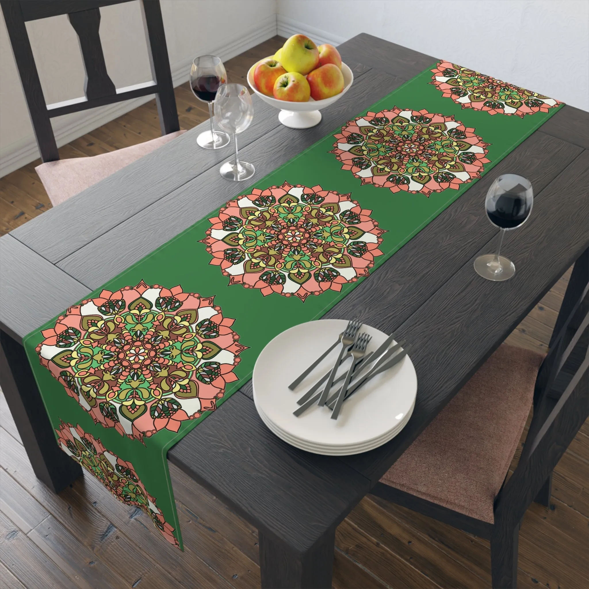 Hand Drawn Green Mandala Art Christmas Table Runner