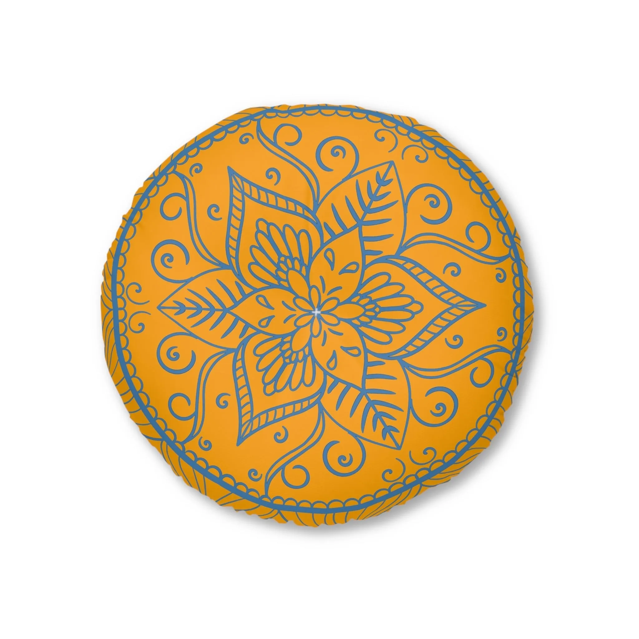 Handmade Mandala Art Round Floor Cushion - Steel Blue Mandala Art Design