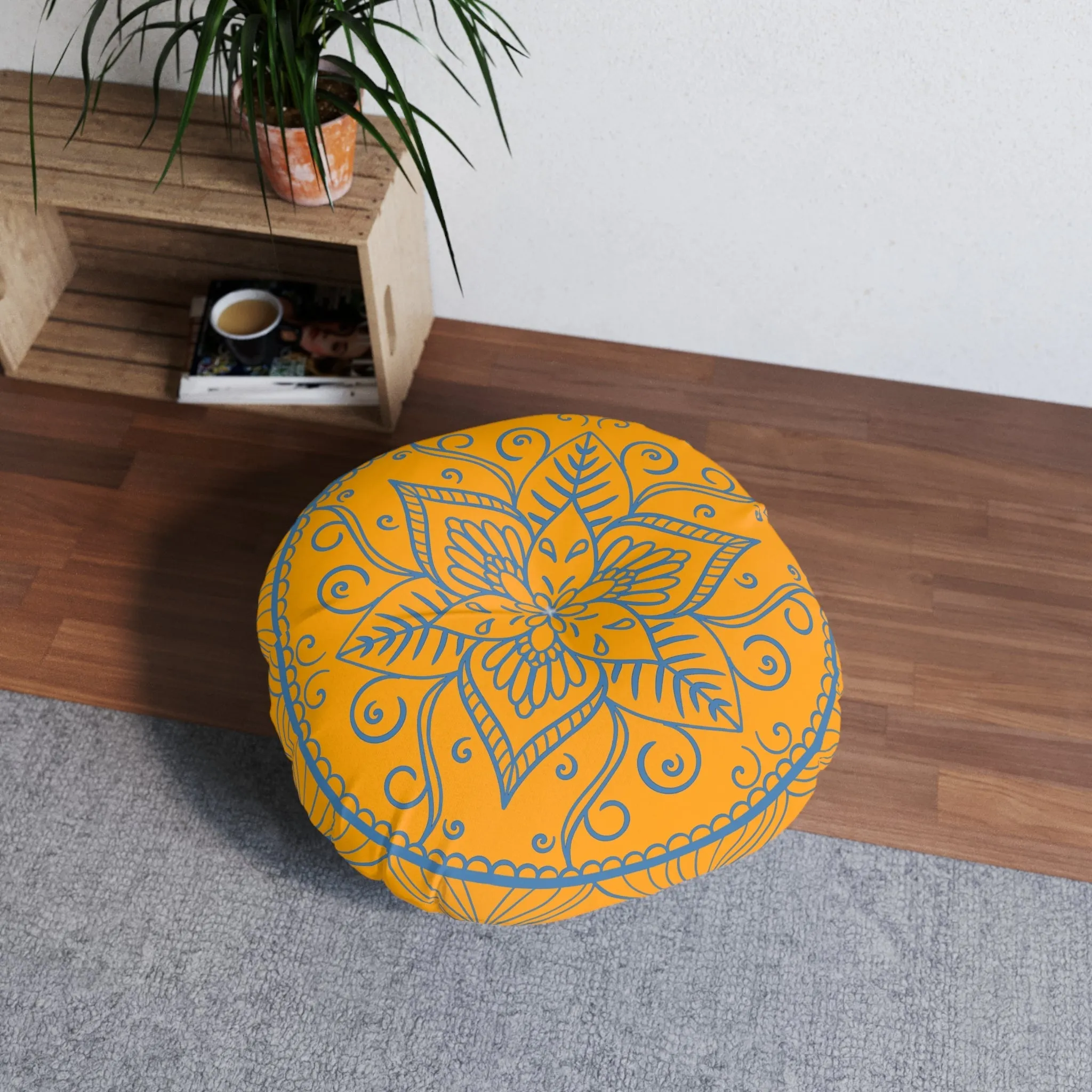 Handmade Mandala Art Round Floor Cushion - Steel Blue Mandala Art Design