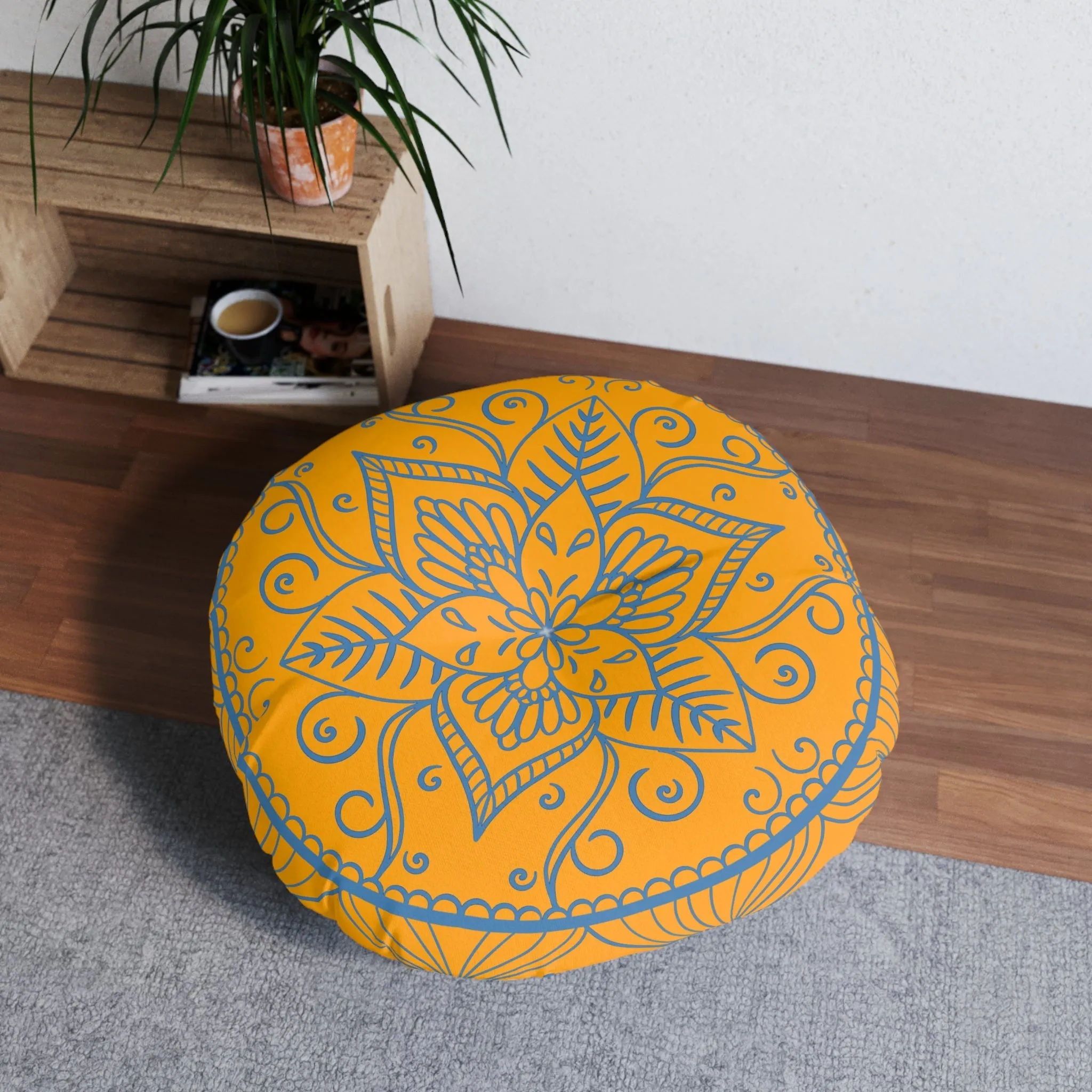 Handmade Mandala Art Round Floor Cushion - Steel Blue Mandala Art Design