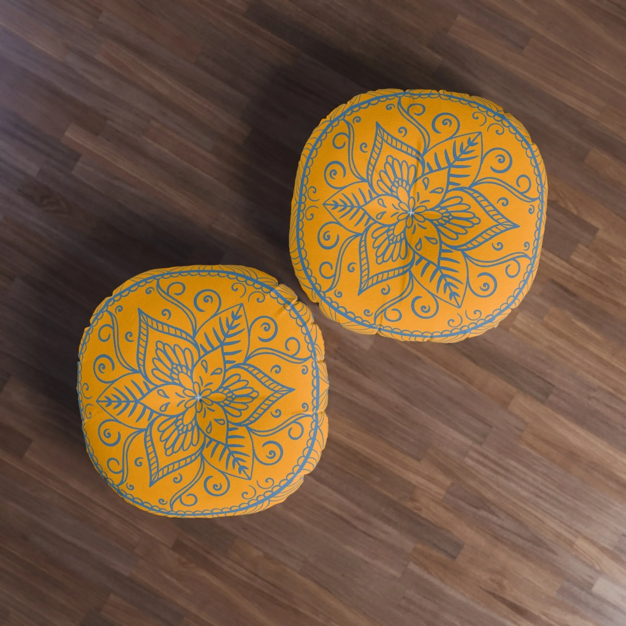 Handmade Mandala Art Round Floor Cushion - Steel Blue Mandala Art Design