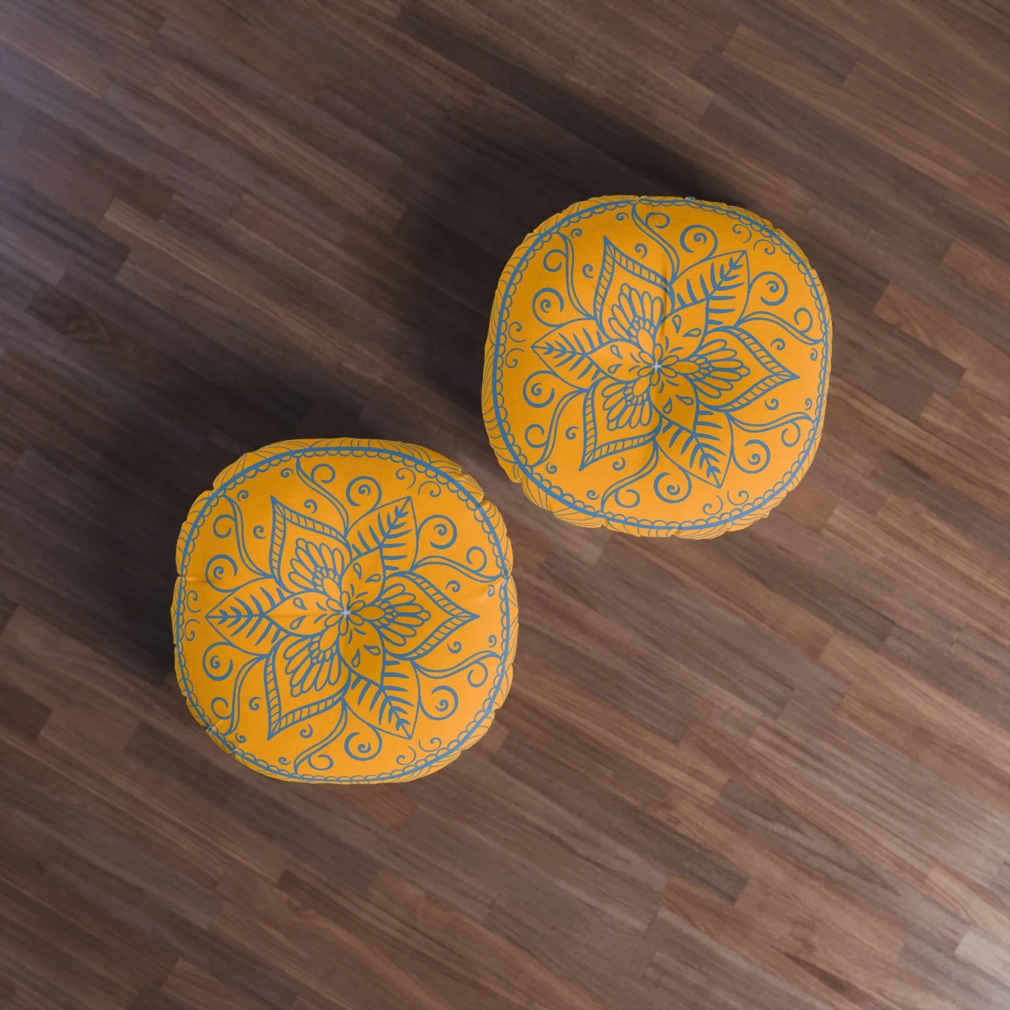 Handmade Mandala Art Round Floor Cushion - Steel Blue Mandala Art Design