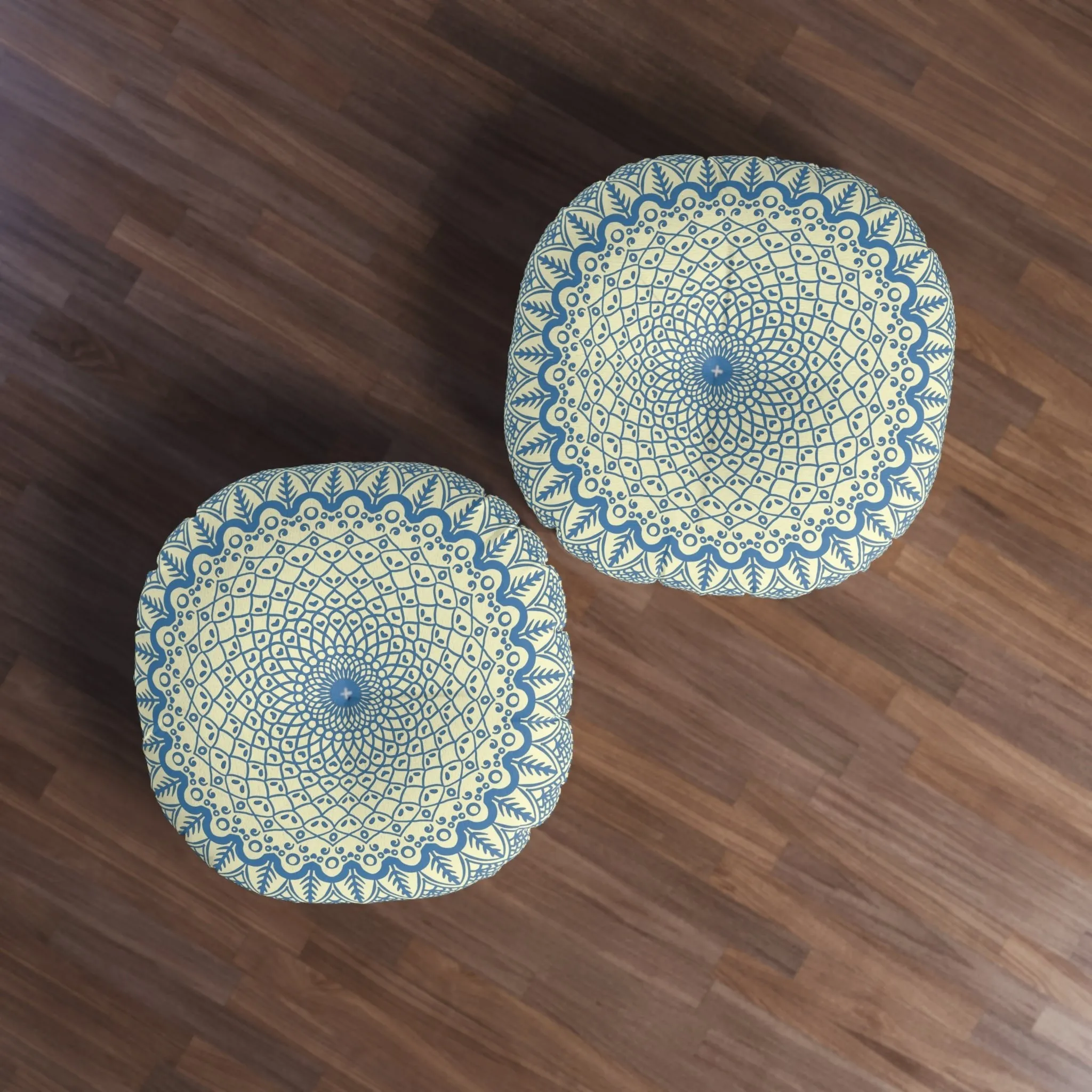 Handmade Mandala Art Steel Blue Cream Floor Cushion - Round