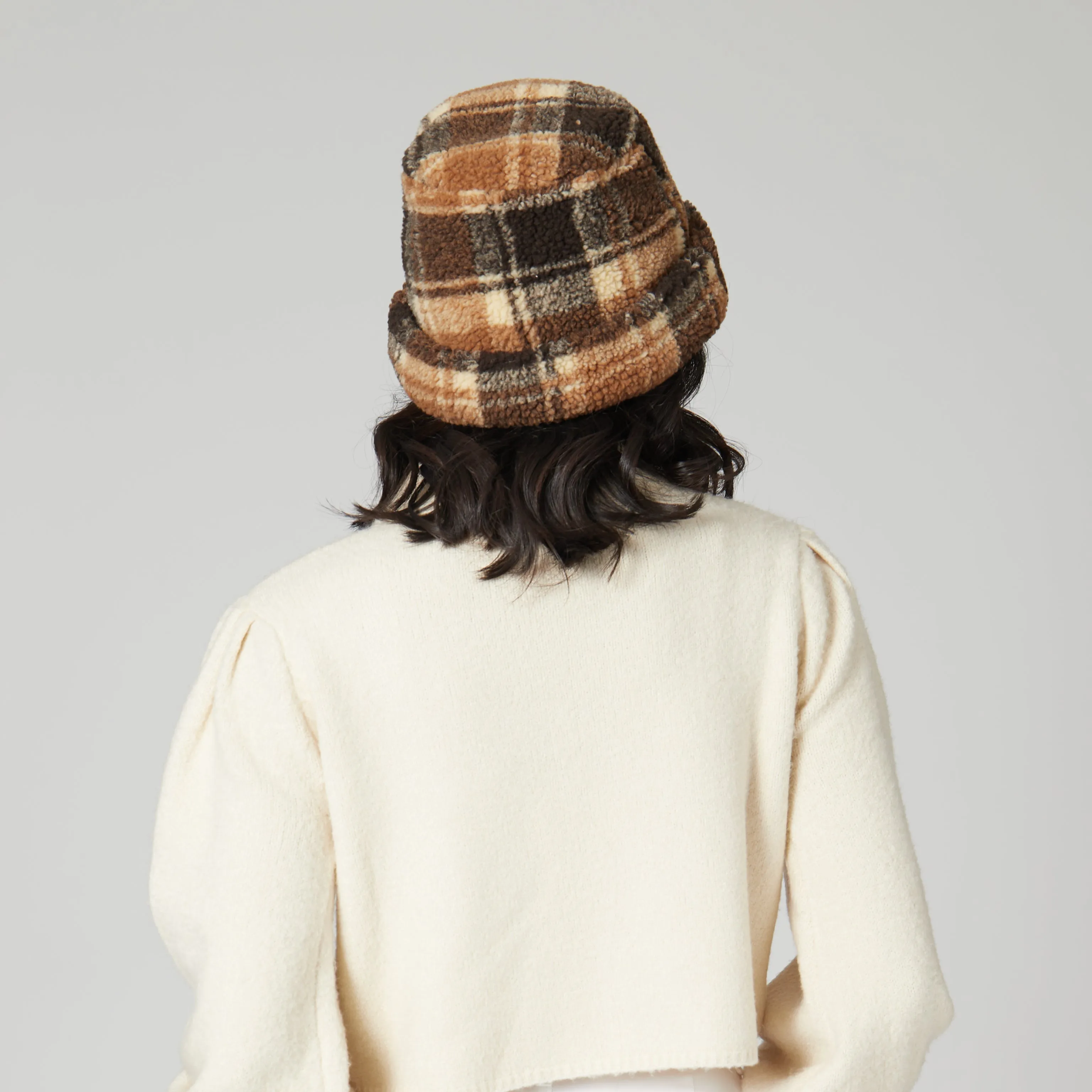 Helen - Cut & Sew Printed Plaid Sherpa Cap W/ Cuff
