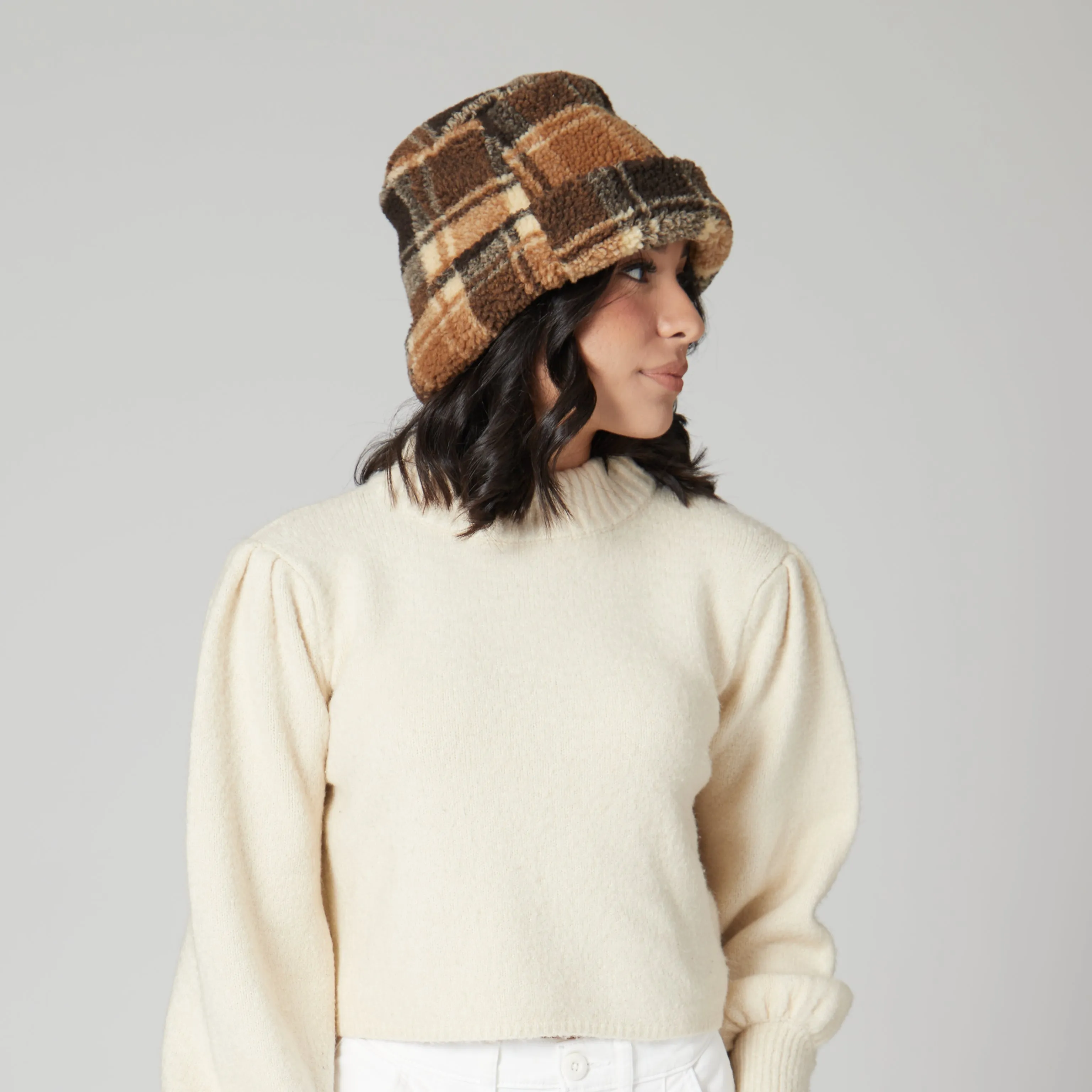 Helen - Cut & Sew Printed Plaid Sherpa Cap W/ Cuff