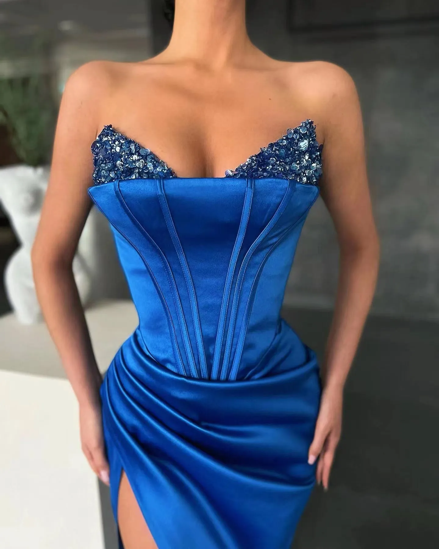 High Side Slit Sexy Long Prom Dresses, Strapless Evening Dresses, Newest 2022 Long Prom Dresses