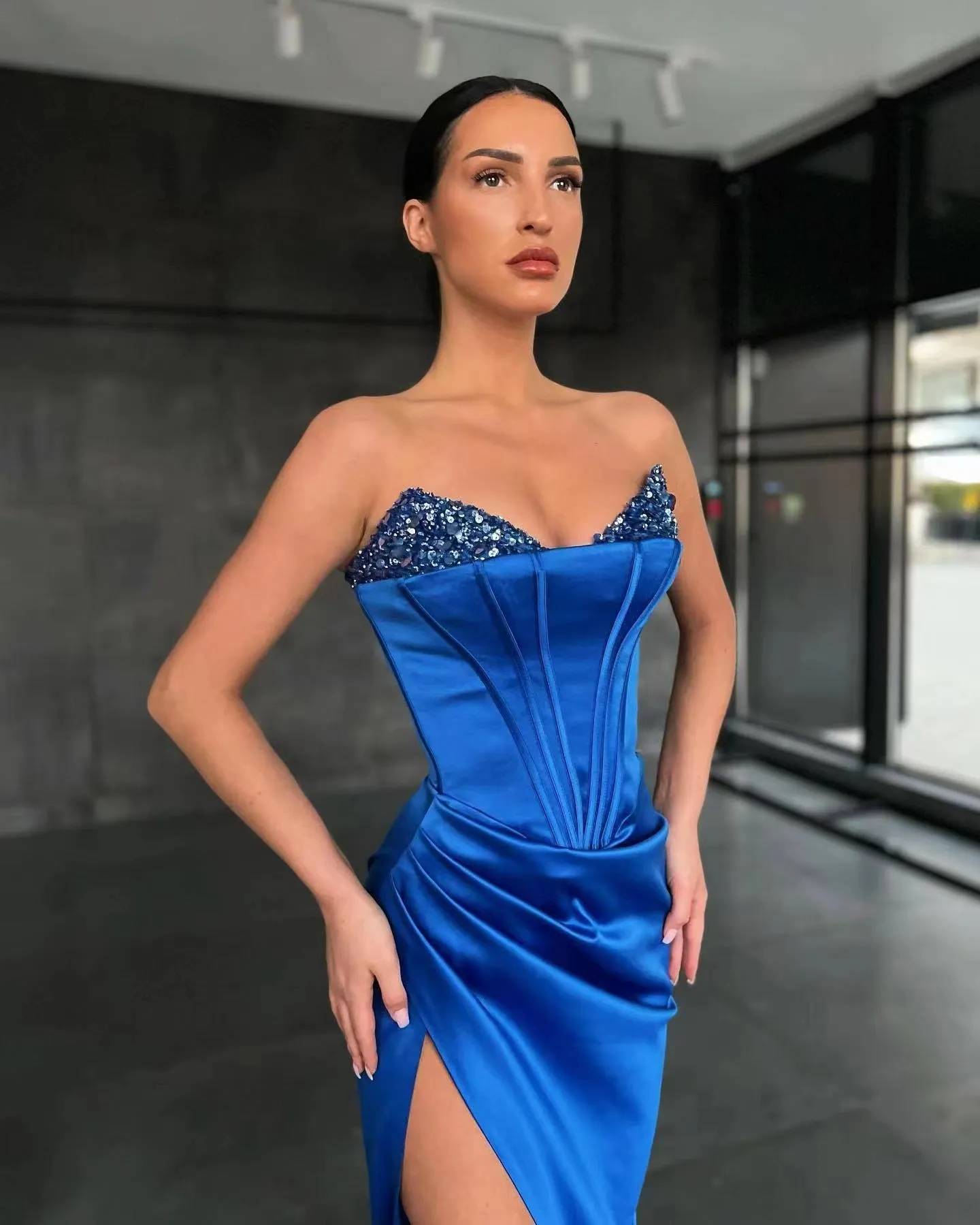 High Side Slit Sexy Long Prom Dresses, Strapless Evening Dresses, Newest 2022 Long Prom Dresses