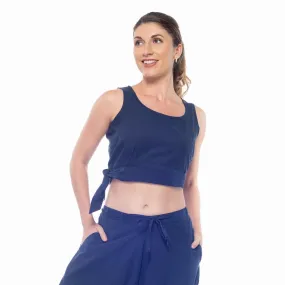 Navy-Blue Handwoven Cotton Sleeveless Tie-Up Waist Crop Top | Cotton Crop Top for Women
