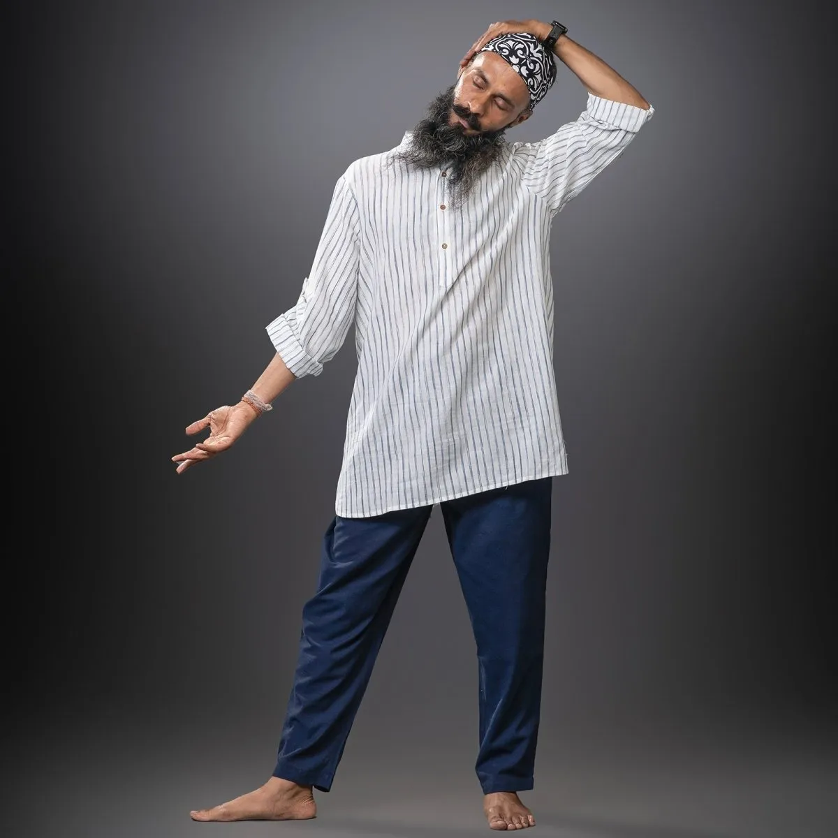 Navy-Stripe Handwoven Cotton Overhead Shirt with Yoga Jogger | Athleisure Jogger Combo | Jogger for Men