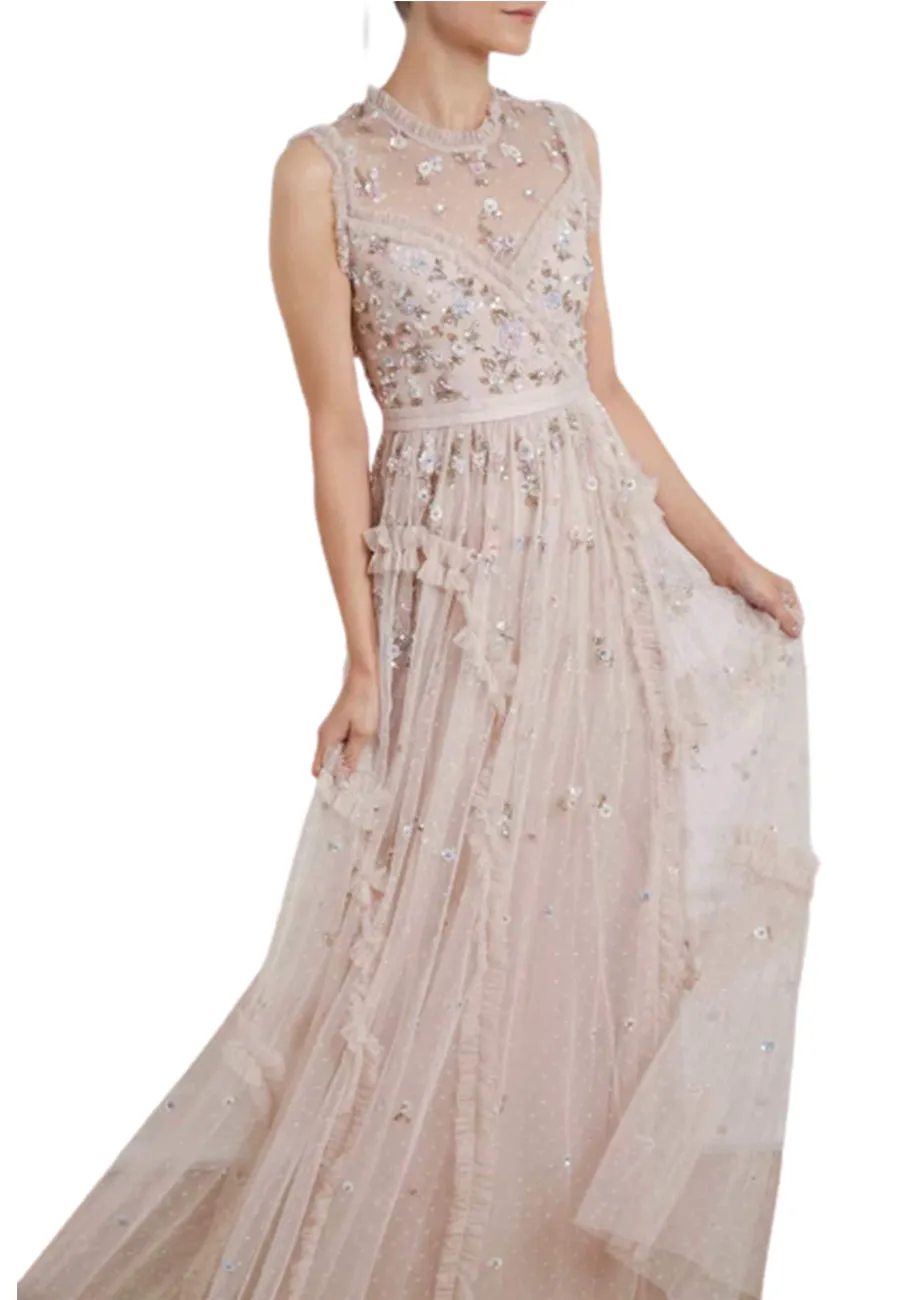 Nude Shimmer Ditsy Sleeveless Floral Embellished Gown