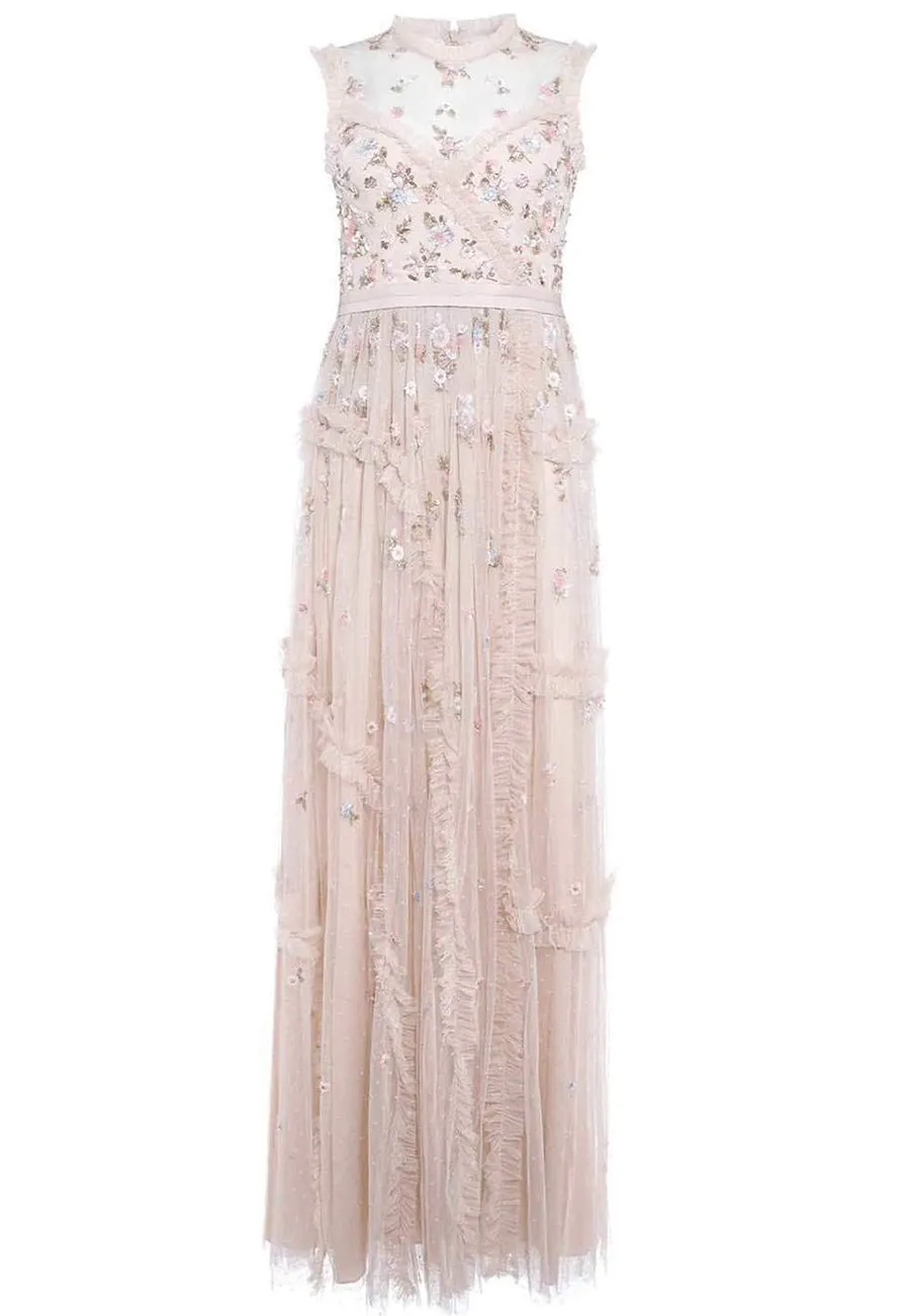 Nude Shimmer Ditsy Sleeveless Floral Embellished Gown