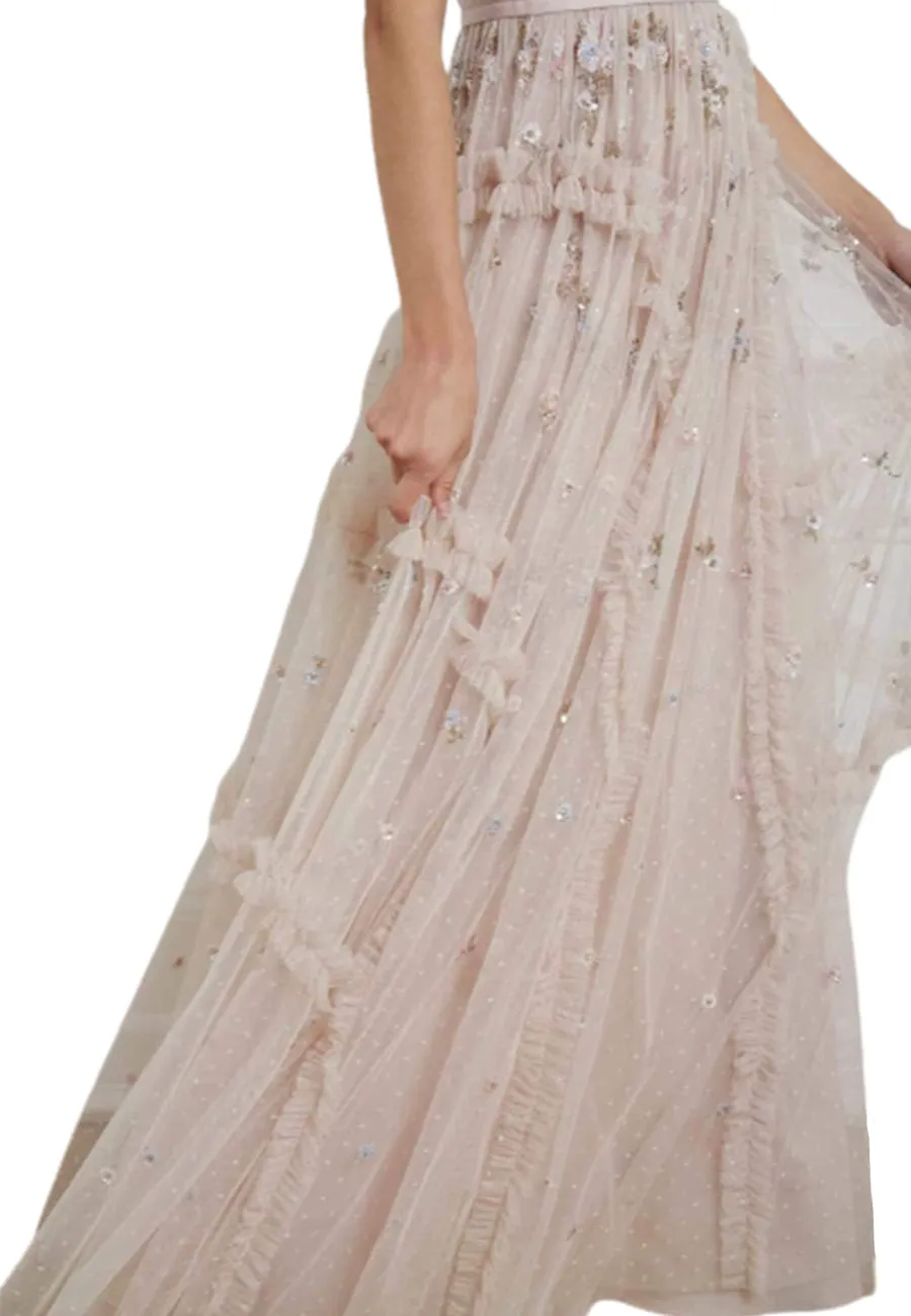 Nude Shimmer Ditsy Sleeveless Floral Embellished Gown