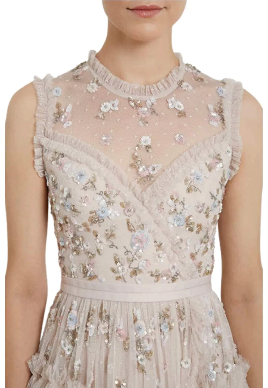 Nude Shimmer Ditsy Sleeveless Floral Embellished Gown