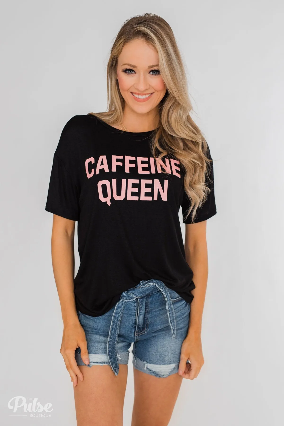"Caffeine Queen" Graphic Top- Black