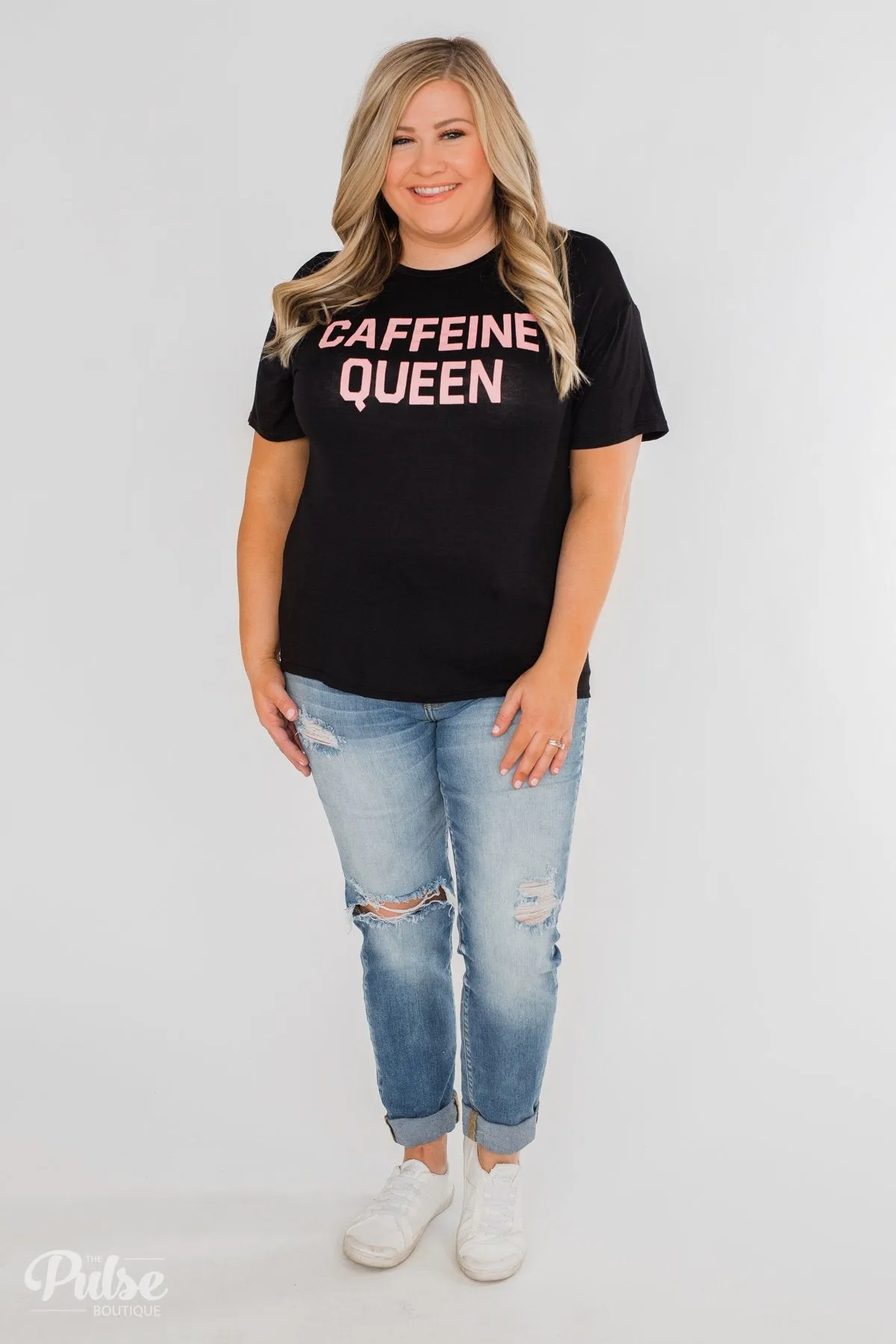"Caffeine Queen" Graphic Top- Black