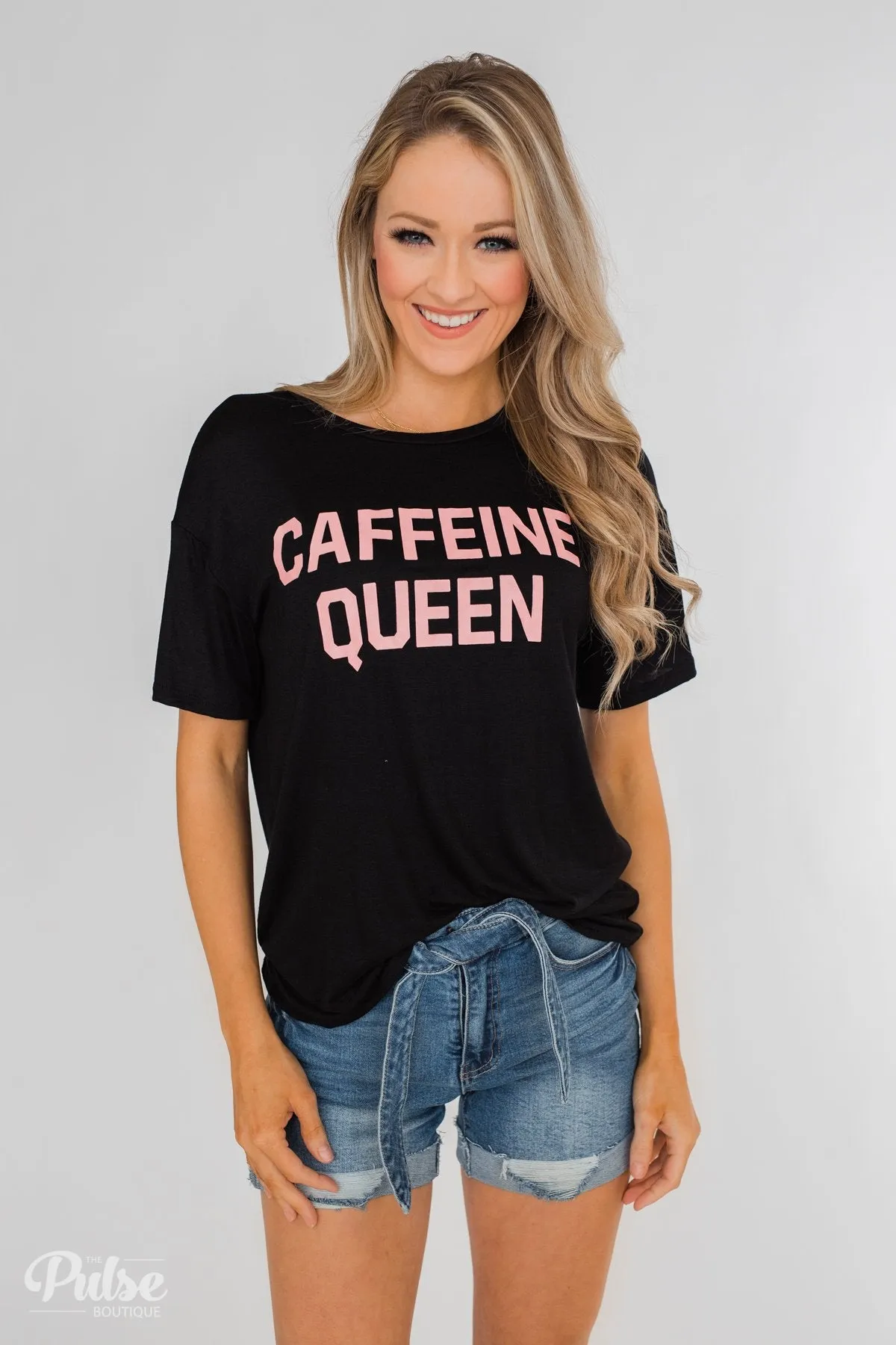 "Caffeine Queen" Graphic Top- Black