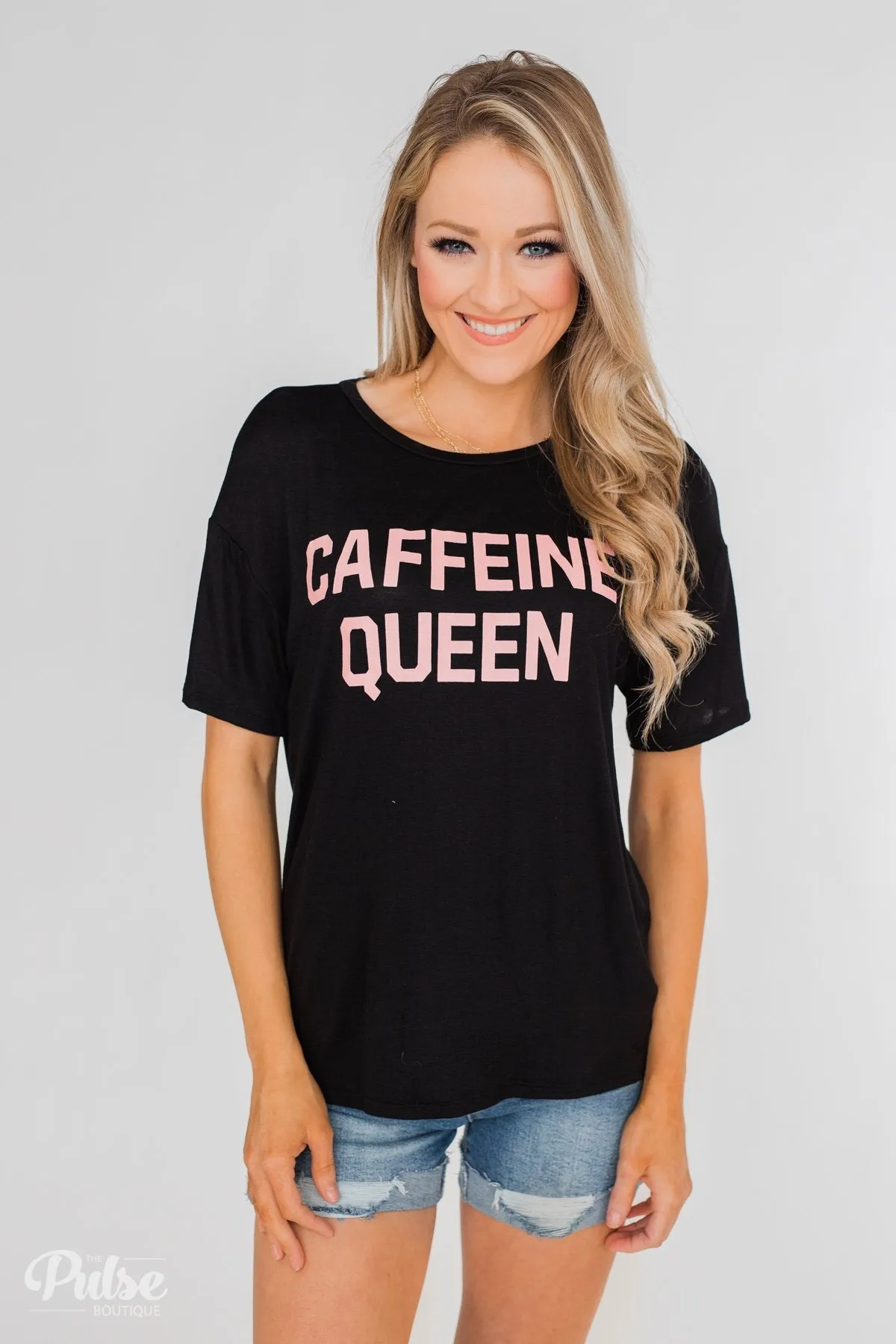 "Caffeine Queen" Graphic Top- Black