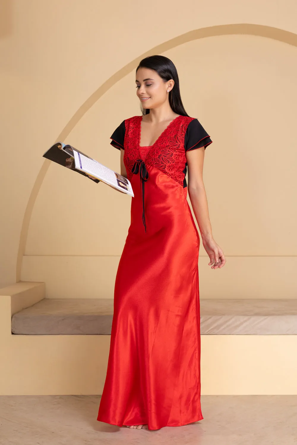 Red Satin Nighty with Lace