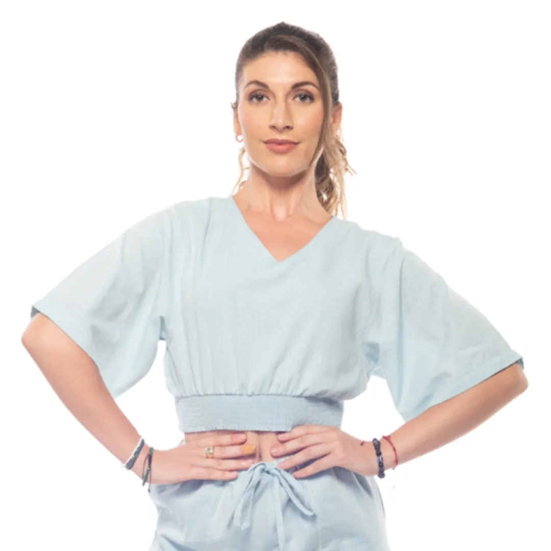 Sky-Blue Women's Cotton Yoga Smock Top | Loose fit for Ultimate Relaxation with Sleeves | Smocked Waist Crop Top