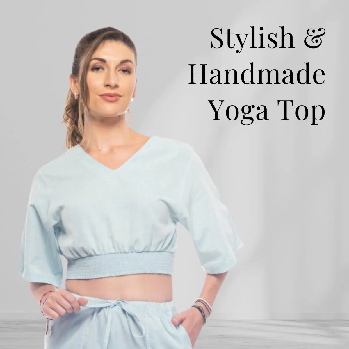 Sky-Blue Women's Cotton Yoga Smock Top | Loose fit for Ultimate Relaxation with Sleeves | Smocked Waist Crop Top