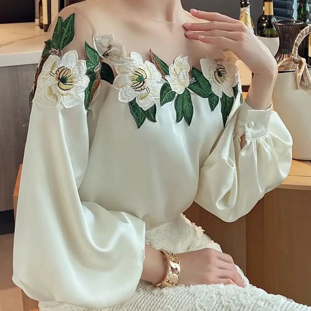 Stylish Long Sleeve Blouse Stylish Women's Satin Embroidered Gauze Shirt Breathable Comfortable Elegant Lady's Top Polyester