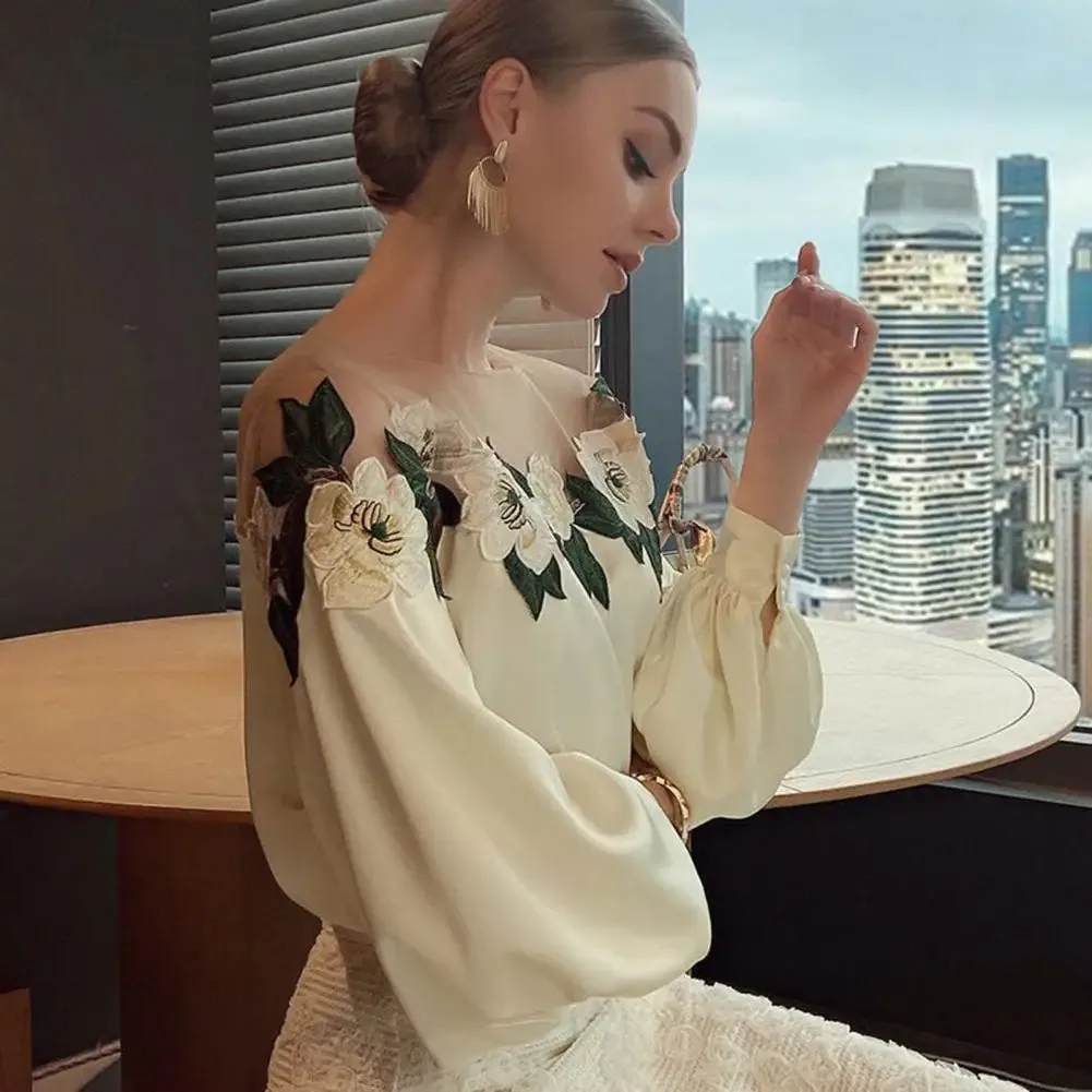 Stylish Long Sleeve Blouse Stylish Women's Satin Embroidered Gauze Shirt Breathable Comfortable Elegant Lady's Top Polyester