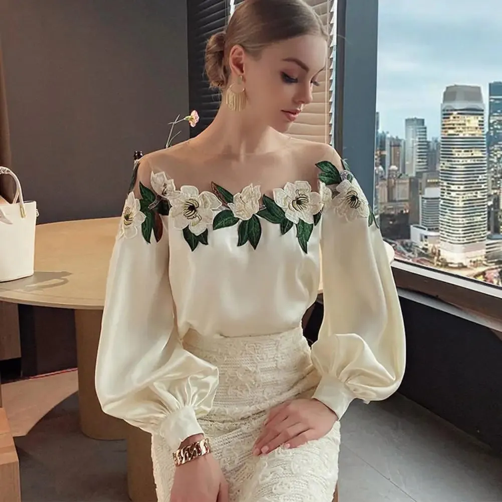 Stylish Long Sleeve Blouse Stylish Women's Satin Embroidered Gauze Shirt Breathable Comfortable Elegant Lady's Top Polyester