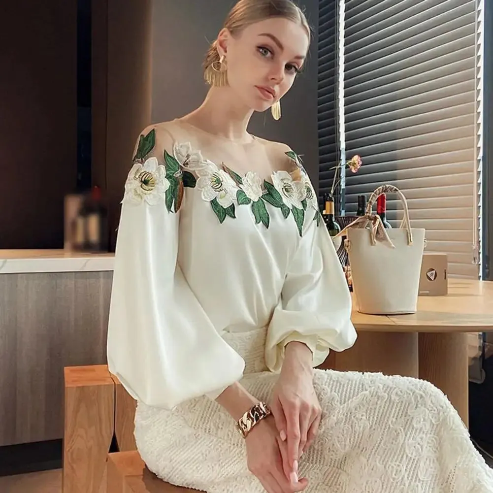 Stylish Long Sleeve Blouse Stylish Women's Satin Embroidered Gauze Shirt Breathable Comfortable Elegant Lady's Top Polyester