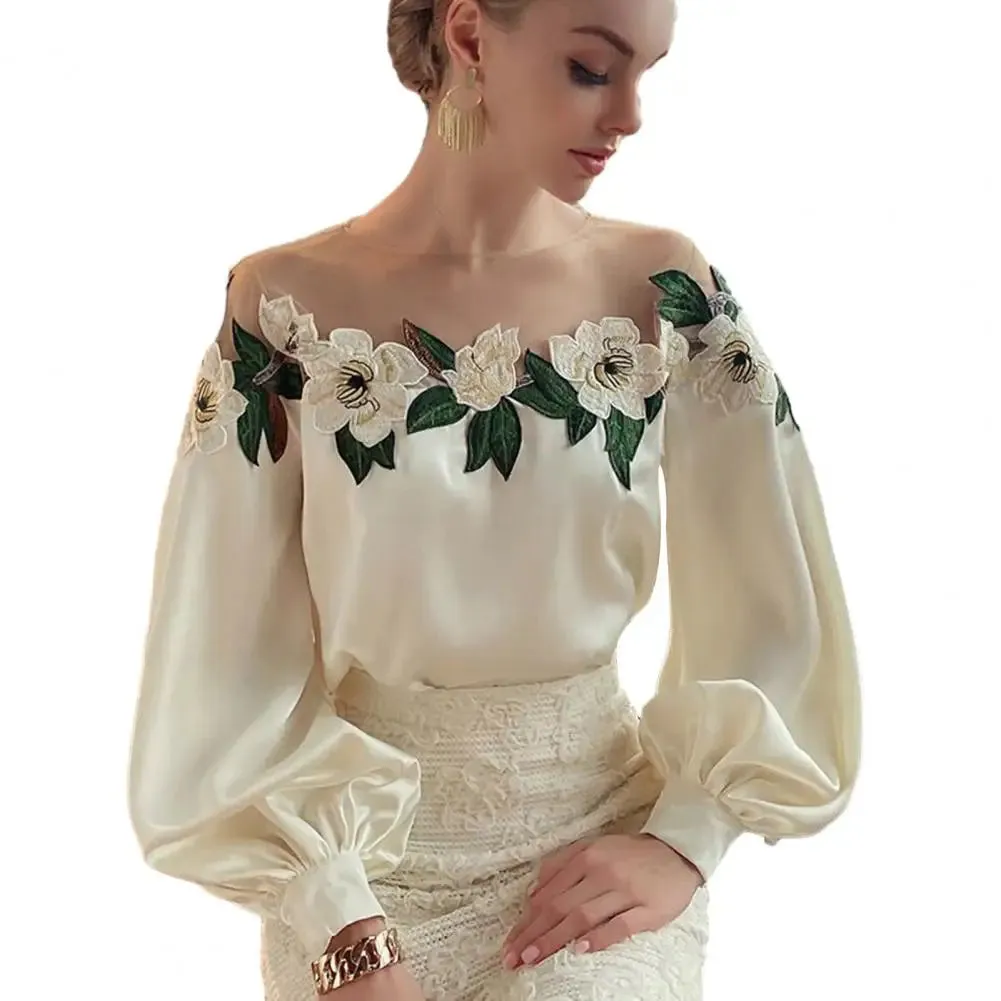 Stylish Long Sleeve Blouse Stylish Women's Satin Embroidered Gauze Shirt Breathable Comfortable Elegant Lady's Top Polyester