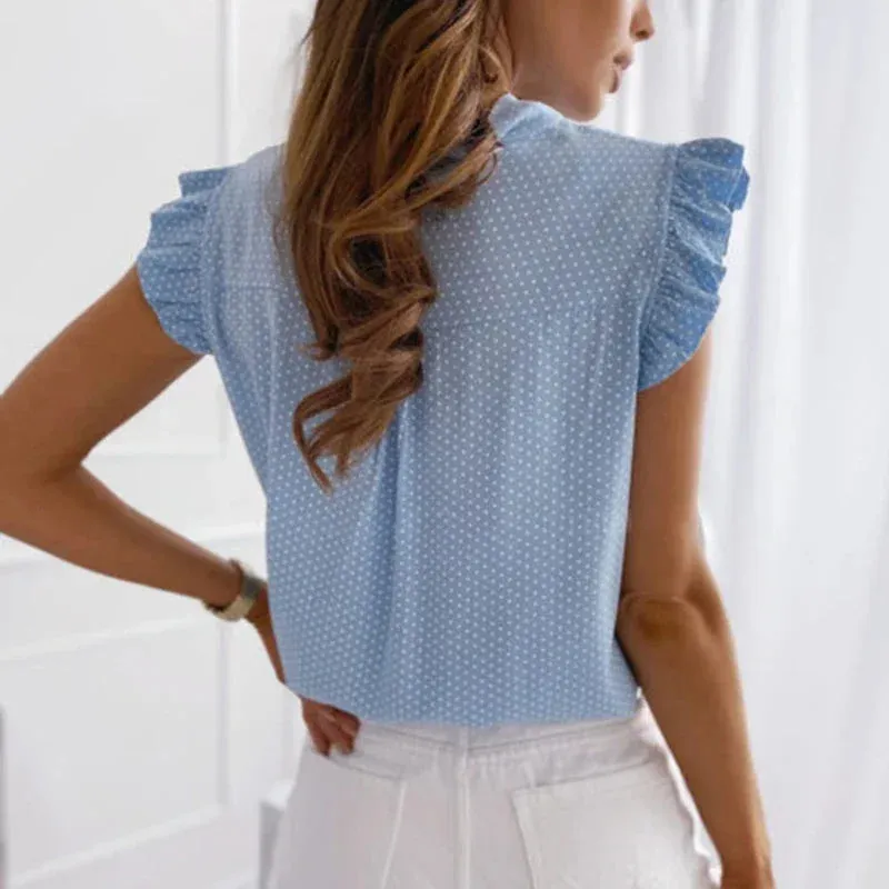 Summer Women Elegant Ruffles Sleeveless Polka Pot Lace Up Tie Bow Blouses and Shirts Casual Oversize Tops Sexy Pullover Tunic