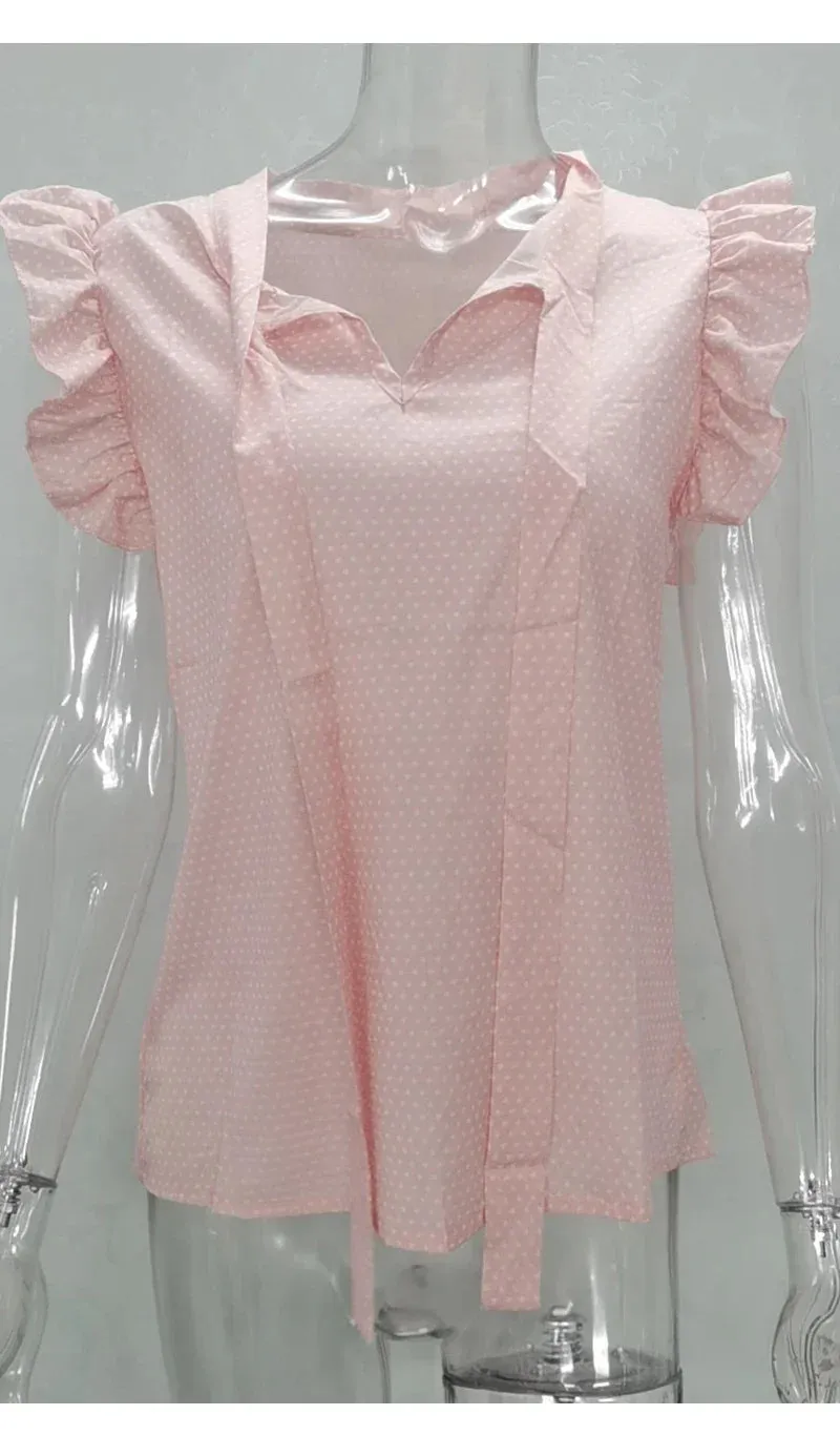 Summer Women Elegant Ruffles Sleeveless Polka Pot Lace Up Tie Bow Blouses and Shirts Casual Oversize Tops Sexy Pullover Tunic