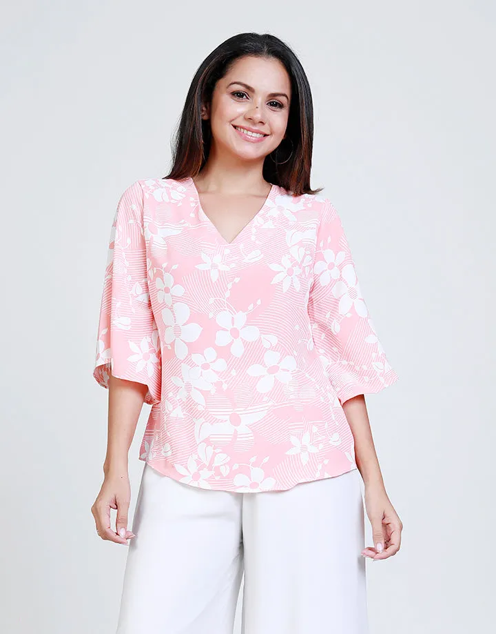V-Neck Printed Top with Bell Sleeves