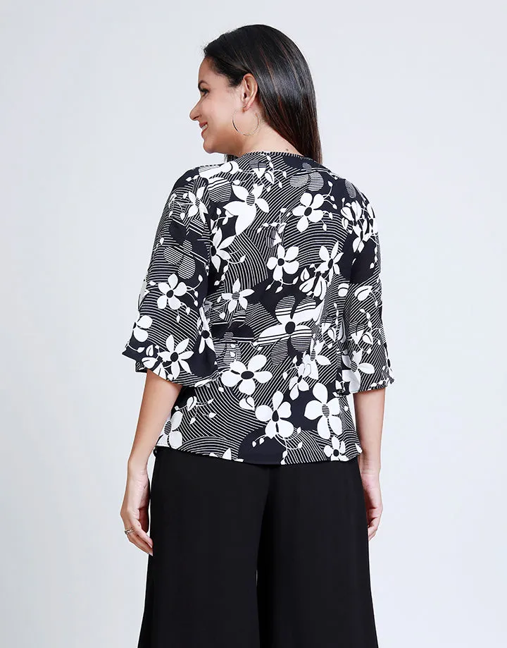 V-Neck Printed Top with Bell Sleeves