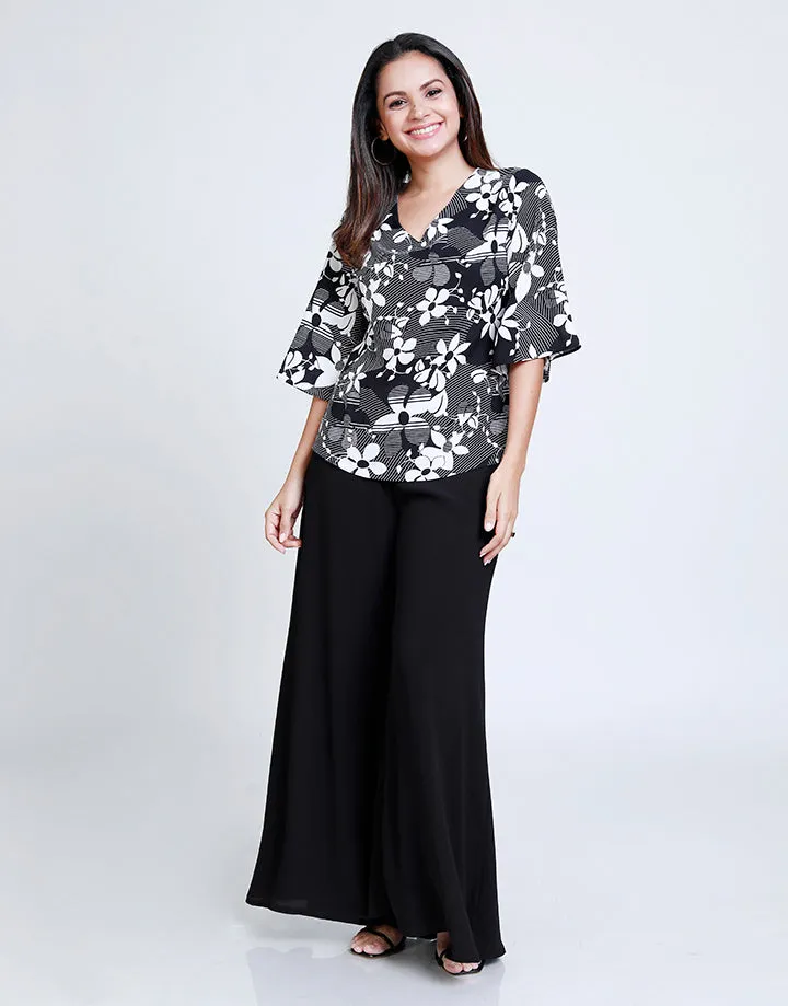 V-Neck Printed Top with Bell Sleeves