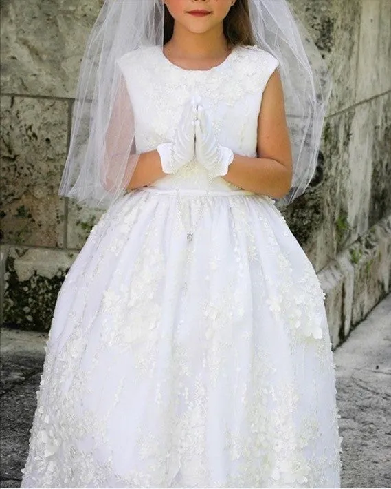 WHITE SEQUINED FLORAL COMMUNION DRESS