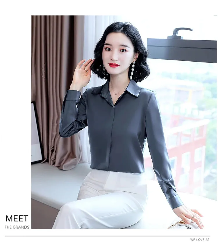 Women Silk Office Shirt 2024 Fashion Long Sleeve Casual Female Tops Elegant Ladies Vintage White Satin Blouses Shirts Oversized