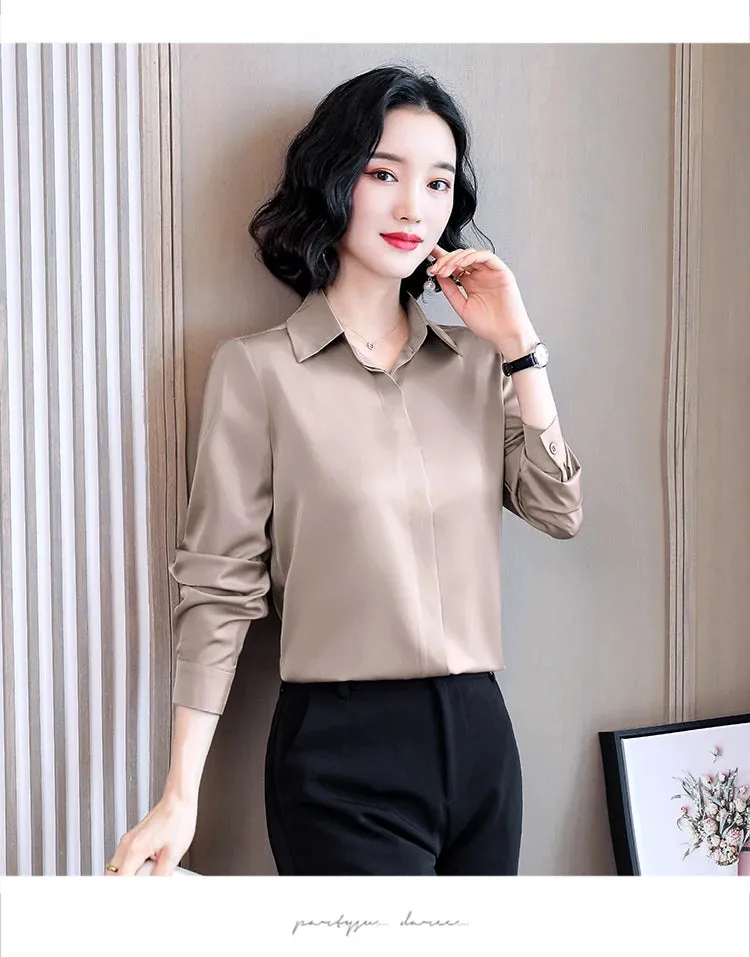 Women Silk Office Shirt 2024 Fashion Long Sleeve Casual Female Tops Elegant Ladies Vintage White Satin Blouses Shirts Oversized