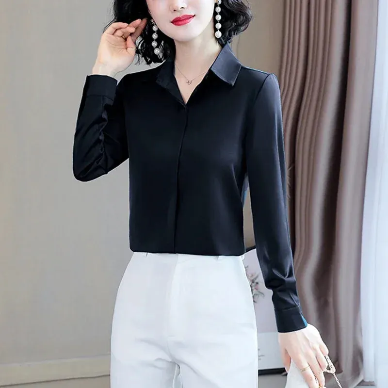 Women Silk Office Shirt 2024 Fashion Long Sleeve Casual Female Tops Elegant Ladies Vintage White Satin Blouses Shirts Oversized
