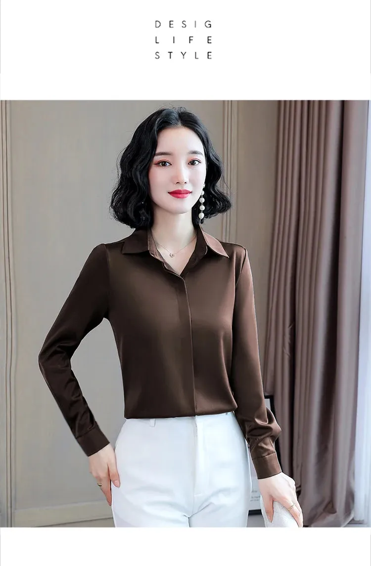 Women Silk Office Shirt 2024 Fashion Long Sleeve Casual Female Tops Elegant Ladies Vintage White Satin Blouses Shirts Oversized