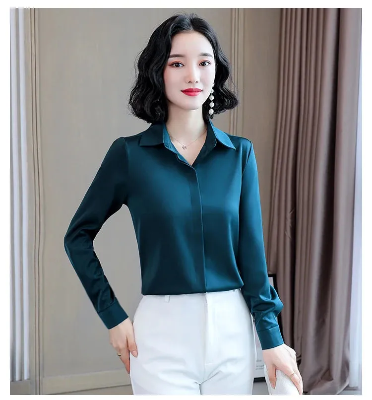 Women Silk Office Shirt 2024 Fashion Long Sleeve Casual Female Tops Elegant Ladies Vintage White Satin Blouses Shirts Oversized