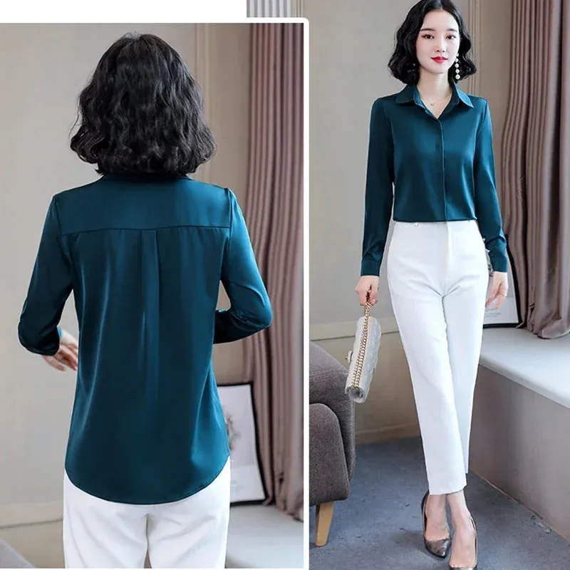 Women Silk Office Shirt 2024 Fashion Long Sleeve Casual Female Tops Elegant Ladies Vintage White Satin Blouses Shirts Oversized