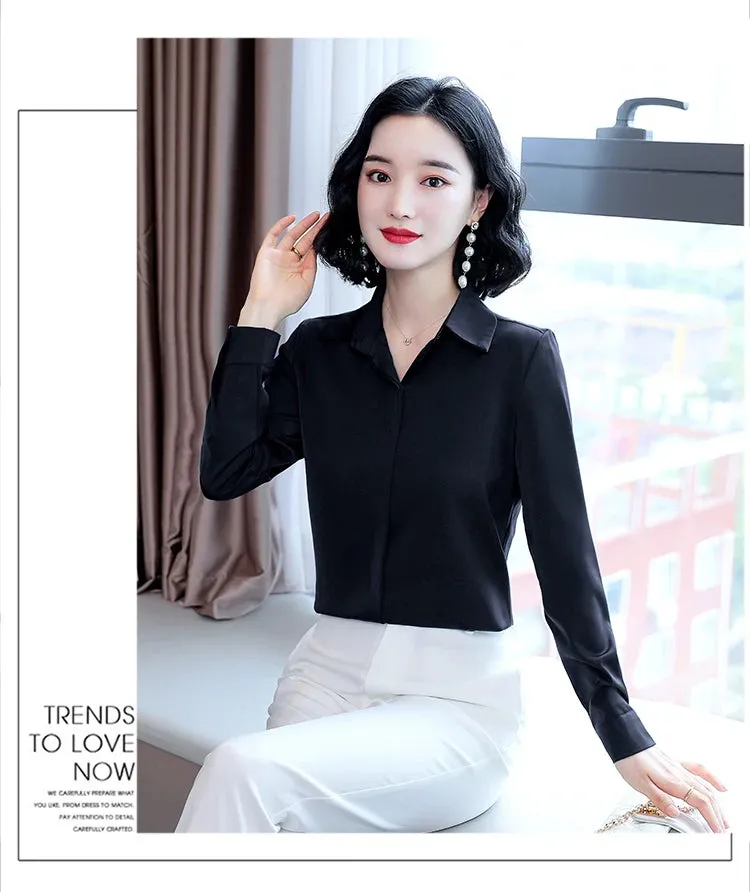 Women Silk Office Shirt 2024 Fashion Long Sleeve Casual Female Tops Elegant Ladies Vintage White Satin Blouses Shirts Oversized