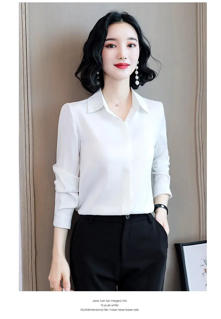 Women Silk Office Shirt 2024 Fashion Long Sleeve Casual Female Tops Elegant Ladies Vintage White Satin Blouses Shirts Oversized