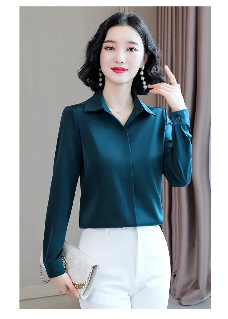 Women Silk Office Shirt 2024 Fashion Long Sleeve Casual Female Tops Elegant Ladies Vintage White Satin Blouses Shirts Oversized