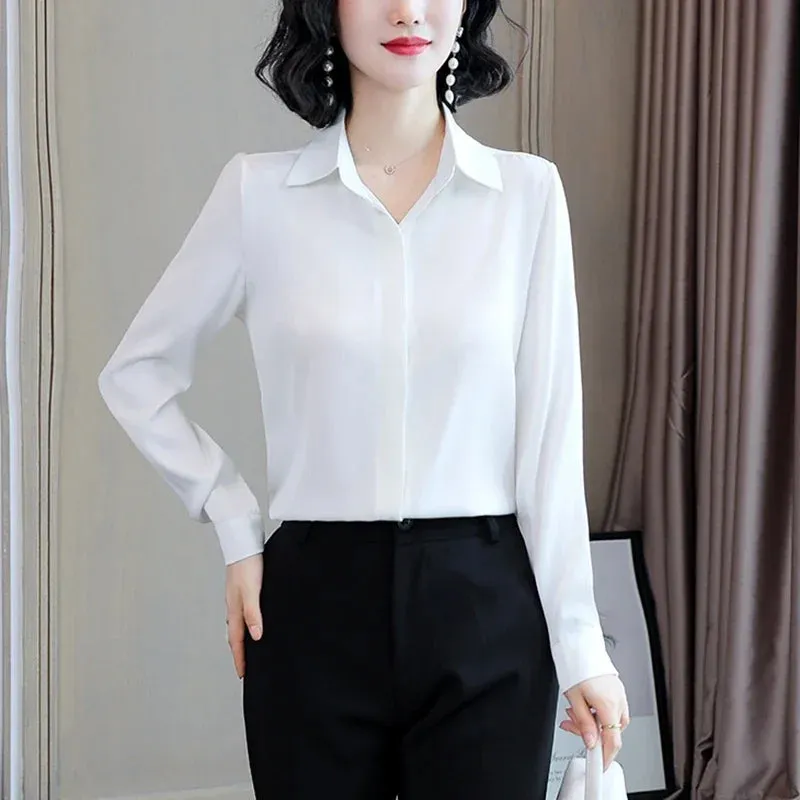 Women Silk Office Shirt 2024 Fashion Long Sleeve Casual Female Tops Elegant Ladies Vintage White Satin Blouses Shirts Oversized