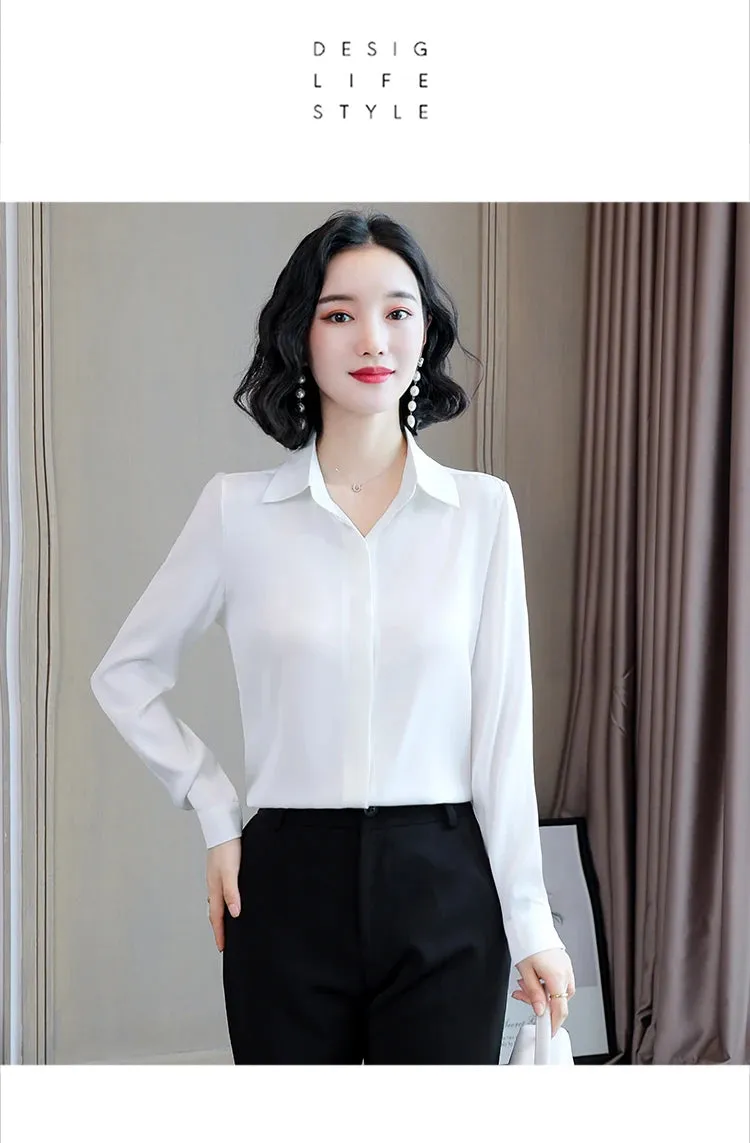 Women Silk Office Shirt 2024 Fashion Long Sleeve Casual Female Tops Elegant Ladies Vintage White Satin Blouses Shirts Oversized