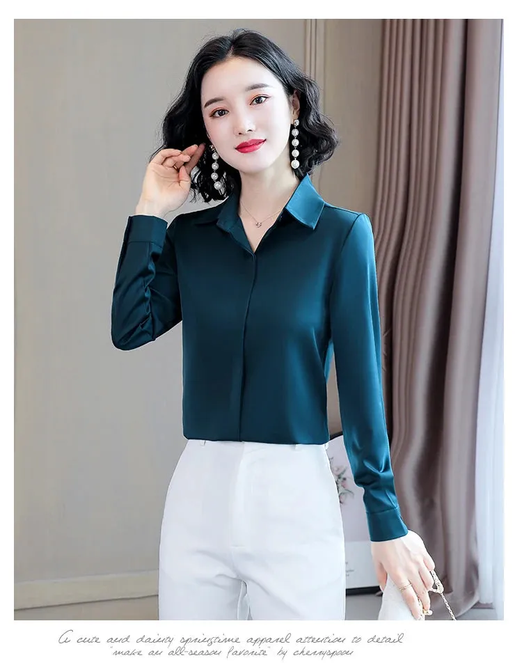Women Silk Office Shirt 2024 Fashion Long Sleeve Casual Female Tops Elegant Ladies Vintage White Satin Blouses Shirts Oversized
